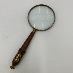 Vintage Nautical Magnifying Glass Wood Handle Brass Anchor Inlay Brown Gold Map